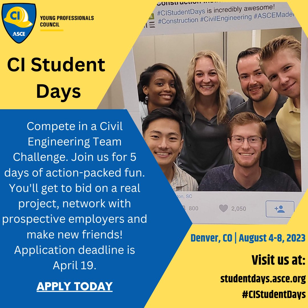 CI_ASCE's tweet photo. Today's the last day to apply to #CIStudentDays! We're calling all #civilengineering students who want hands-on experience that will prepare you for your future.
To learn more and apply, visit: https://t.co/AVLfwXf3WD
#ASCEMadeMe #Construction https://t.co/ovGbSdA2PV