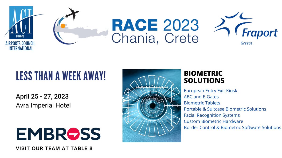 EmbrossKiosk's tweet photo. ✈️ Our team is looking forward to meeting you at #RACEChania next week! Come discover our range of #biometric, self-service technologies and #airport management solutions.
Learn more: https://t.co/VwbETuybCs
@RegionalGateway @ACI_EUROPE @RAULINEJL https://t.co/7fr3Goettt