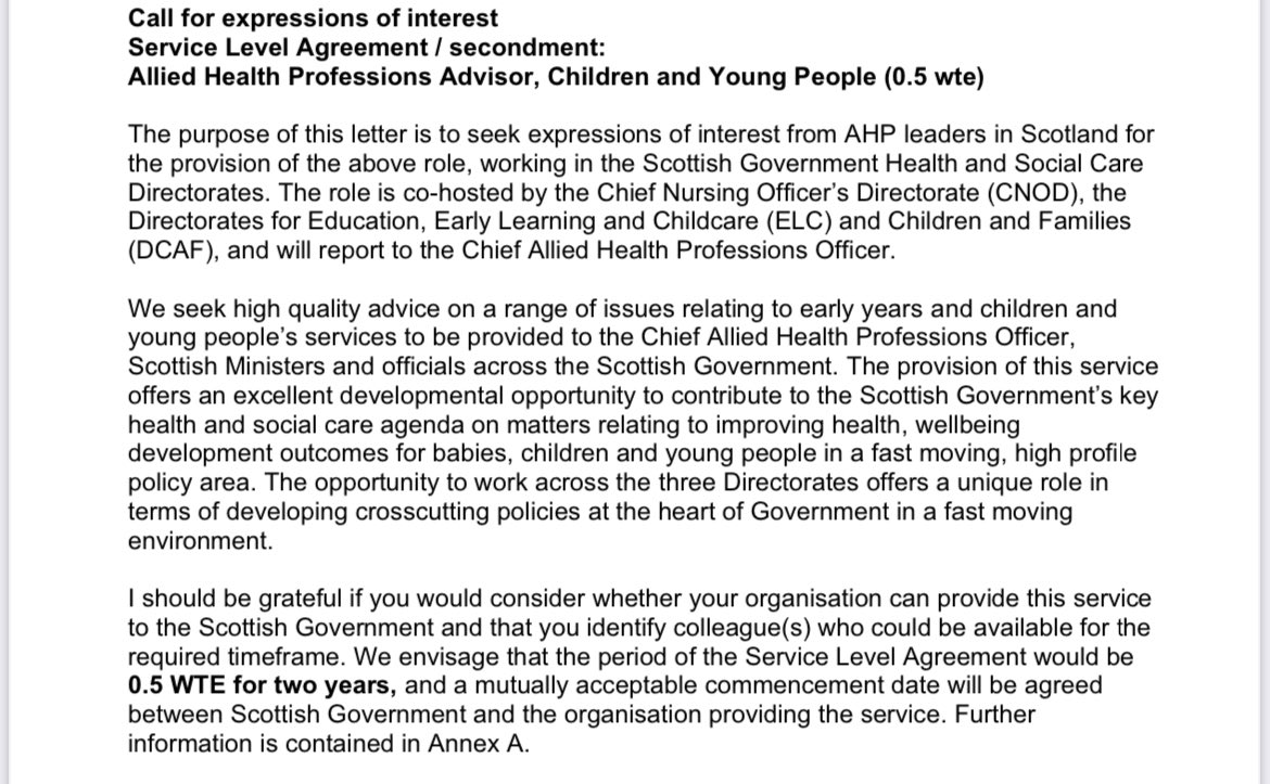 🚨 calling all AHPs working with children and young people! @scotgov are looking to recruit an AHP Advisor for children and young people. Deadline for expressions of interest have been extended to the 21st of April, 5pm to elizabeth.fanning@gov.scot