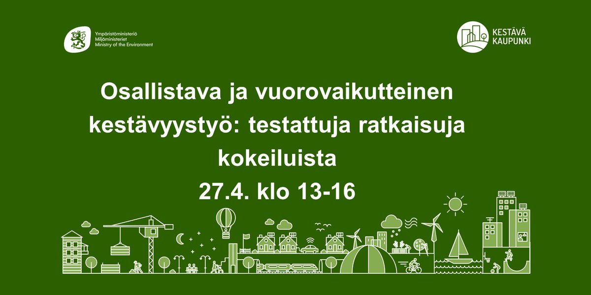 KestavaKaupunki's tweet photo. Osallistava ja vuorovaikutteinen kestävyystyö: testattuja ratkaisuja kokeiluista! Tervetuloa kuulemaan, millaisia tuloksia Kestävä kaupunki -ohjelman kokeiluhankkeissa on saavutettu. 🤩

🗓️to 27.4. klo 13-16

👉https://t.co/DHWtwoyWgH

@yministerio https://t.co/kSxyY4QzmT