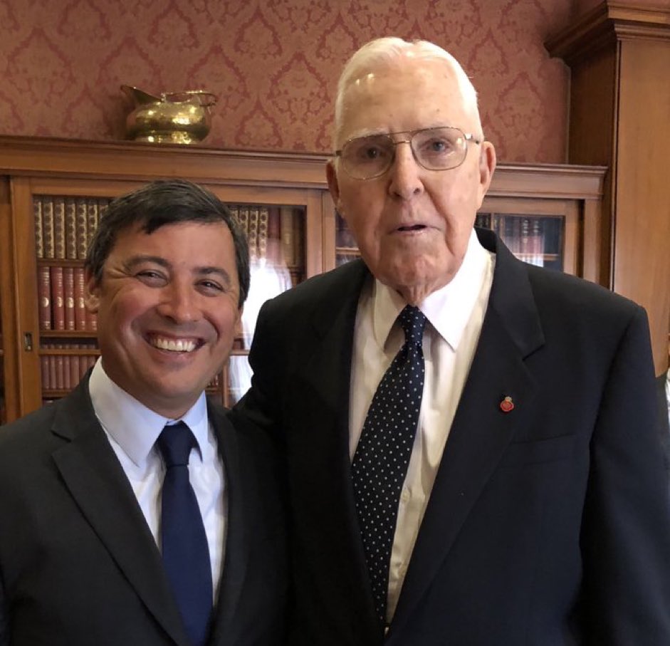 MichaelChongMP's tweet photo. Just found out that a great Canadian has passed away. 

George MacDonell died in Toronto at the age of 100 last Saturday, April 15, 2023. 

Read on about this truly inspirational, truly great Canadian.

George was one of the last surviving veterans of the Battle of Hong Kong - Canada’s first land combat of the Second World War. 

On December 8, 1941, the Empire of Japan attacked Hong Kong.

Hong Kong is Canada’s Pearl Harbor. Both Hong Kong & Pearl Harbor were simultaneous, surprise attacks.

George and his fellow 1,975 Canadian soldiers fought bravely, against overwhelming odds, to defend Hong Kongers, including my father & his family. 

The fighting was so intense, it led to the posthumous award of a Victoria Cross to Winnipeger John Robert Osborn.

Hundreds of Canadian soldiers died in the battle. Hundreds more were wounded. The battle resulted in one of the highest casualty rates for Canadians of the entire war, nearly 50%.

The survivors - George included - were taken POW for 4 years. By war’s end, his weight had dropped to 110 lbs. 

110 lbs. George was well over 6 feet. You can see how tall he is in the photo; I’m 5’8”. 

But, that’s not the end of his remarkable story. 

After being liberated as a POW, George came back to Canada and coalesced for half a year in hospital to regain his strength. 

He had dropped out of high school before the war. So, he finished high school. He applied and got accepted to @UofT. After university, he worked in the private sector and eventually became VP & Group Executive of Canadian General Electric. 

After serving as a @generalelectric executive, he was appointed by Premier William Davis as Ontario’s Deputy Minister of Industry, Trade & Technology where he continued to build his province and his country. 

Truly a member of the Greatest Generation. They were born in aftermath of the chaos of the First World War, lived through the Great Depression, fought to defend freedom & democracy, and then came home to build the post-war Canada we have all benefitted from. They rolled up their sleeves, got to work, and got the job done. They did it all without complaint or entitlement. (In 1946, there was no public healthcare, no CPP, no OAS, no  GIS, etc.) They were serious in character and resolute in resolve.

I first had the privilege of meeting George MacDonell in the late 1990s when he got involved in the Memory Project, which documents the personal stories of Canada’s war veterans. 

You can read more about his story and his personal account of the Battle of Hong Kong here:

https://t.co/Y42PREwQfi

You can also read more about him here:

https://t.co/oXGyoMQwT3

Lest We Forget. 

#cdnpoli #HongKong #LestWeForget