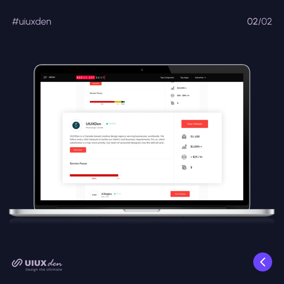UiUxDen's tweet photo. We are excited to share that @UiUxDen is named as one of the Top Mobile App Design Companies by @mobileappdaily. 

Contact: sales@uiuxden.com for all your design enquires.

#Listing #MobileApp #company #businesslistings #userexperience #uidesign #uxdesign #uiuxdesign #uiuxden https://t.co/9rFDMLxGkV