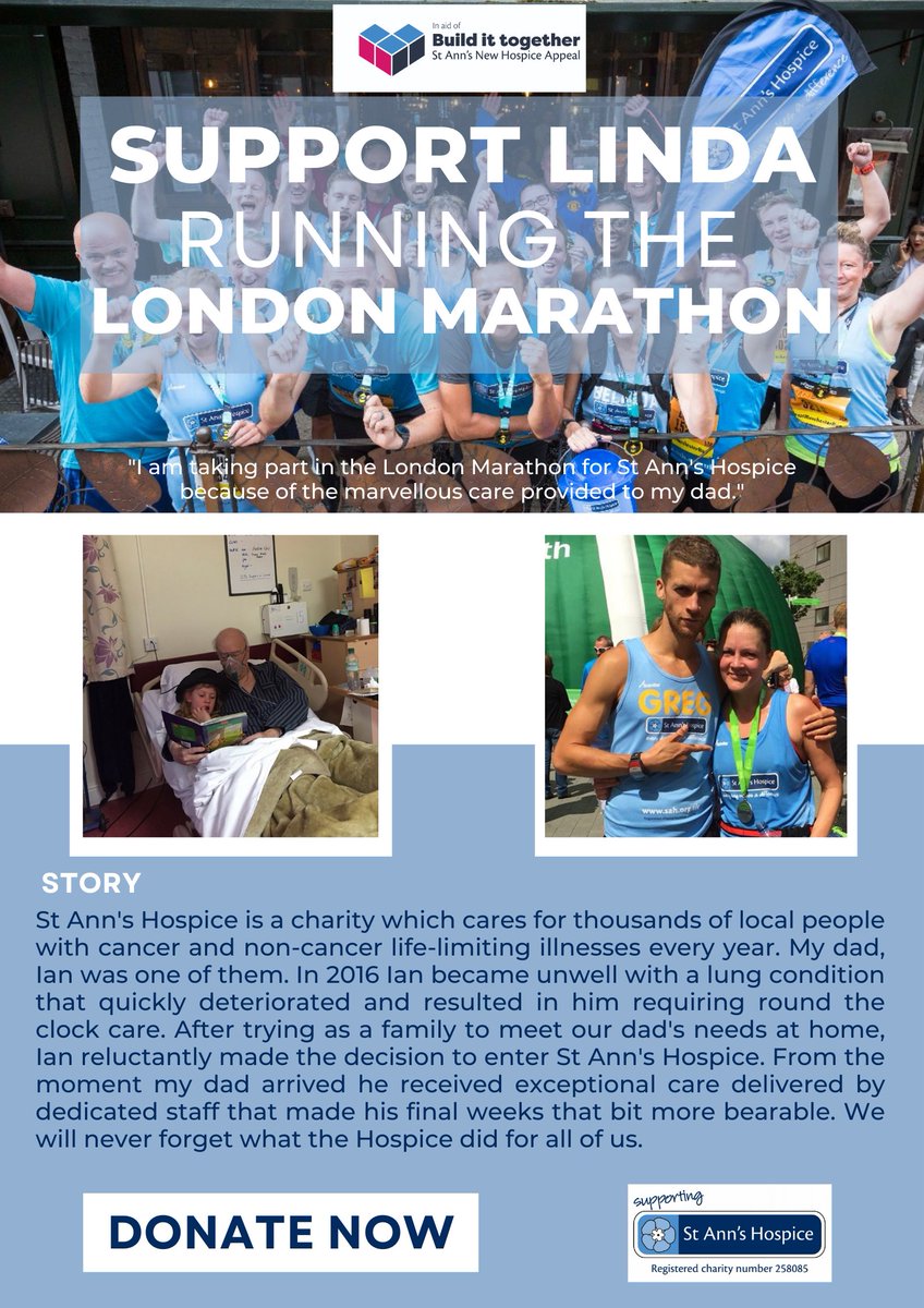 My sister, Linda, is running <a href="/LondonMarathon/">TCS London Marathon</a> this Sunday for <a href="/StAnnsHospice/">Moya Cole Hospice</a>. They are in urgent need of a new purpose-built Hospice, and this is where all funds will go. Any size donation is very much appreciated😊justgiving.com/fundraising/Li…