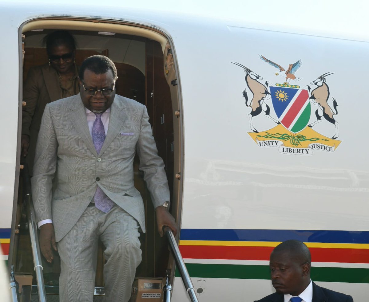 KhayaJames's tweet photo. Namibian President Hage Geingob has arrived in South Africa at the Waterkloof Airforce in Pretoria ahead of the state visit where he will be hosted by South African President Cyril Ramaphosa. Here's Geingob is welcomed by Min. Pandor. #sabcnews #SANamibia https://t.co/6BoChztruq