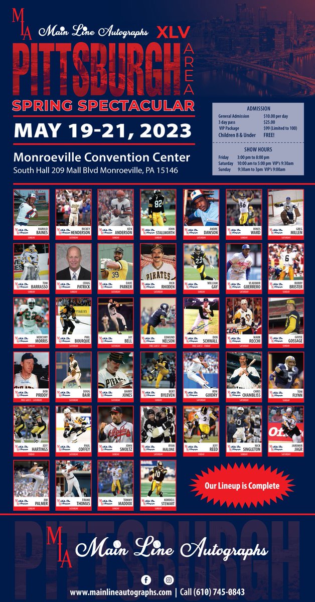 mainlinegraphs's tweet photo. Monroeville Convention Ctr May 19-21. -39 Guests
#MLB #pittsburghpenguins #steelers #Penguins #NFL #NHL
For all show information:
https://t.co/63glGmGrIB https://t.co/c3ScjXzG4f