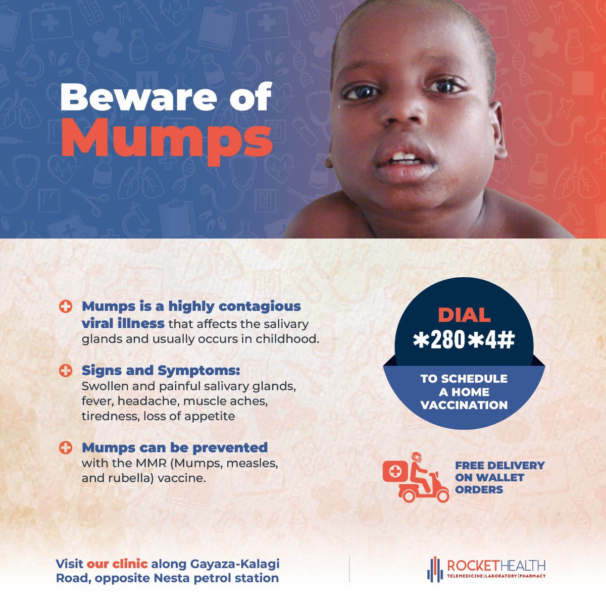 Davisthedoc's tweet photo. 🚨 Mumps are on the rise 🚨 
Get the children vaccinated at home, at school or at the clinic with @RocketHealthUG for 80K UGX. 
Dial *280*4# to set it up. https://t.co/7V0fMEv205