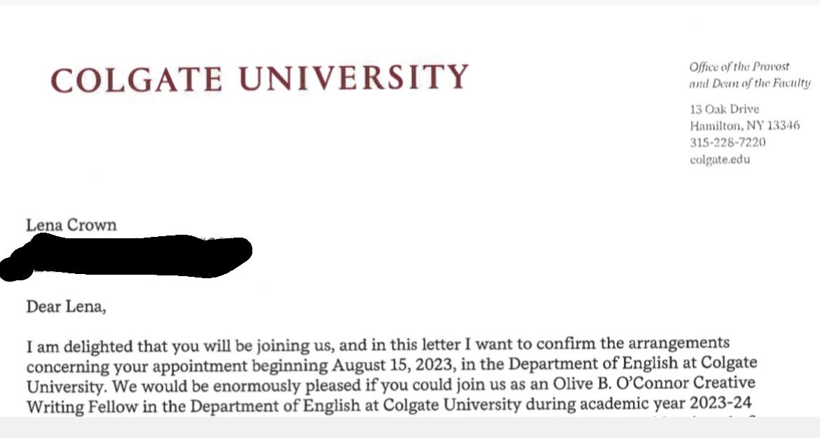 which_is_to_say's tweet photo. Some news! Such an honor to be heading to Colgate as the Olive B. O’Connor Writing Fellow in nonfiction this fall, where I’ll be teaching creative writing &amp; working feverishly on my book(s). 🫣🫠😭✨I have no words, honestly. (But send any and all tips re: “real winter”) https://t.co/BV9f21bAQe