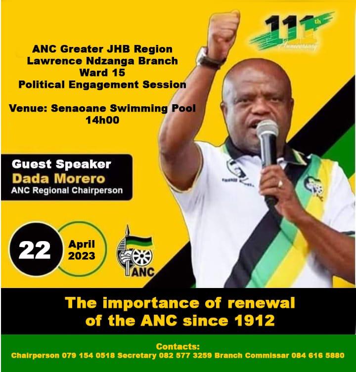 DadaMorero's tweet photo. Comrades of Lawrence Ndzanga Branch in ward 15, I'm coming. 

Topic: POLITICAL ENGAGEMENT SESSION
 
#TheYearofDecisiveActionToAdvancePeople’sInterestAndRenewOurMovement.
#TogetherBuildingBetterCommunities

Date: 22 April 2023 (SATURDAY)
Venue: Senaoane Swimming Pool
Time: 14:00 https://t.co/6efOVZ8uNq
