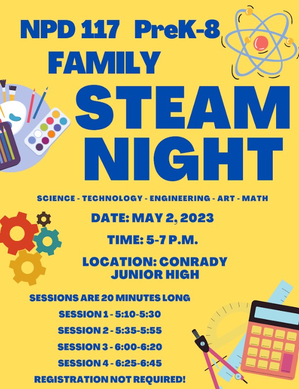 Christine Droba (@cdroba14) on Twitter photo District 117 is hosting S.T.E.A.M. Night on Tuesday, May 2! Preschool - 8th grade students and their families are invited to join us at Conrady Junior High from 5:00 - 7:00 to engage in hands-on sessions related to Science, Technology, Engineering, Art, and Math! <a href="/NorthPalosSD117/">North Palos SD117</a> District 117 is hosting S.T.E.A.M. Night on Tuesday, May 2! Preschool - 8th grade students and their families are invited to join us at Conrady Junior High from 5:00 - 7:00 to engage in hands-on sessions related to Science, Technology, Engineering, Art, and Math! <a href="/NorthPalosSD117/">North Palos SD117</a>