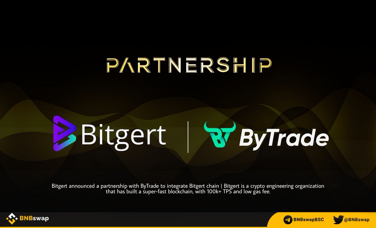BNB Swap (@bnbswap) on Twitter photo 📢📢 <a href="/bitgertbrise/">Bitgert - $BRISE</a> announced a partnership with @bytradeio to integrate Bitgert chain!
#Bitgert is a #crypto engineering organization that has built a super-fast blockchain, with 100k+ TPS and low gas fee.
$BRISE #BRISE $BNB #BitgertBrise #BitgertChain #Web3 #BNBswap 📢📢 <a href="/bitgertbrise/">Bitgert - $BRISE</a> announced a partnership with @bytradeio to integrate Bitgert chain!
#Bitgert is a #crypto engineering organization that has built a super-fast blockchain, with 100k+ TPS and low gas fee.
$BRISE #BRISE $BNB #BitgertBrise #BitgertChain #Web3 #BNBswap