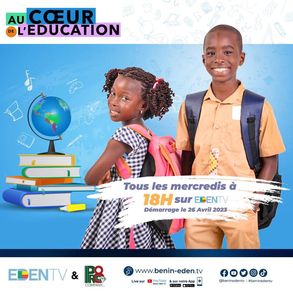 BeninEdenTV's tweet photo. Sur @BeninEdenTV , l’#éducation des enfants nous préoccupe. Notre grille des programmes s’enrichit d’une nouvelle émission consacrée entièrement au système éducatif béninois dans tous ses états. Première diffusion ce #mercredi 26 Avril 2023. A suivre absolument.
#Edentv https://t.co/wNarV1hDG9