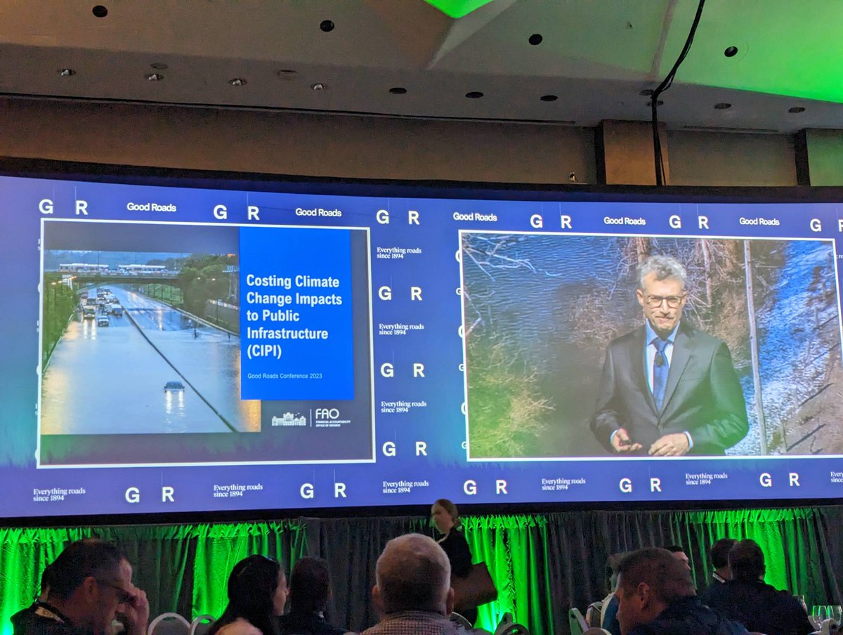 SCRSA_Official's tweet photo. #happeningnow 
Peter Weltman - Costing Climate Change Impacts to Public Infrastructure.
The CIPI project is to assess how changes in extreme rainfall, extreme heat and freeze-thaw cycles will impact the public infrastructure costs in Ontario
#GoodRoadsConference #scrsa https://t.co/K54VVLlXIG