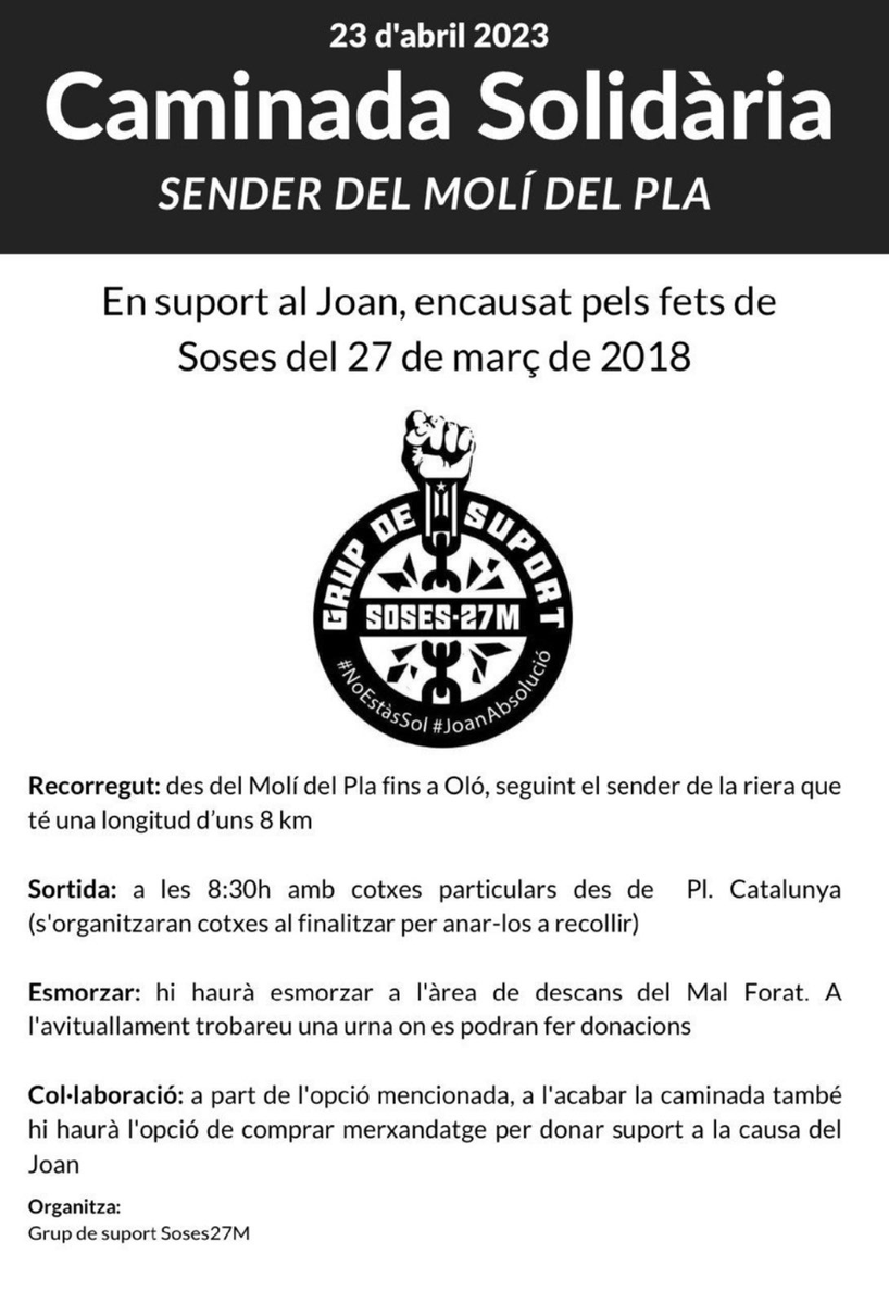 CDRCatOficial: Caminada Solidària SOSES27M

Prou muntatges policials!!! 
Denunciem-ho mentre caminem gairebé tants km com mesos li volen imputar al #JoanNoEstasSol

🗓 Diumenge 23 d'abril
📷 Pça. Catalunya (Santa Maria d'Oló)
📷 8.30 h

#JoanAbsolució 
…