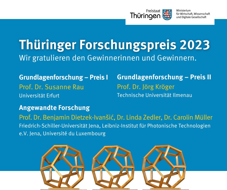tmwllr_th's tweet photo. Die Gewinner:innen des Thüringer Forschungspreises 2023 stehen fest! 🏆🎉Bei der heutigen feierlichen Preisverleihung an der @UniJena überreichte Wissenschaftsminister @WTiefensee die mit insgesamt 50.000€ dotierten Preise.
👉https://t.co/BBUobGwhcz https://t.co/u9Rjv3udP7