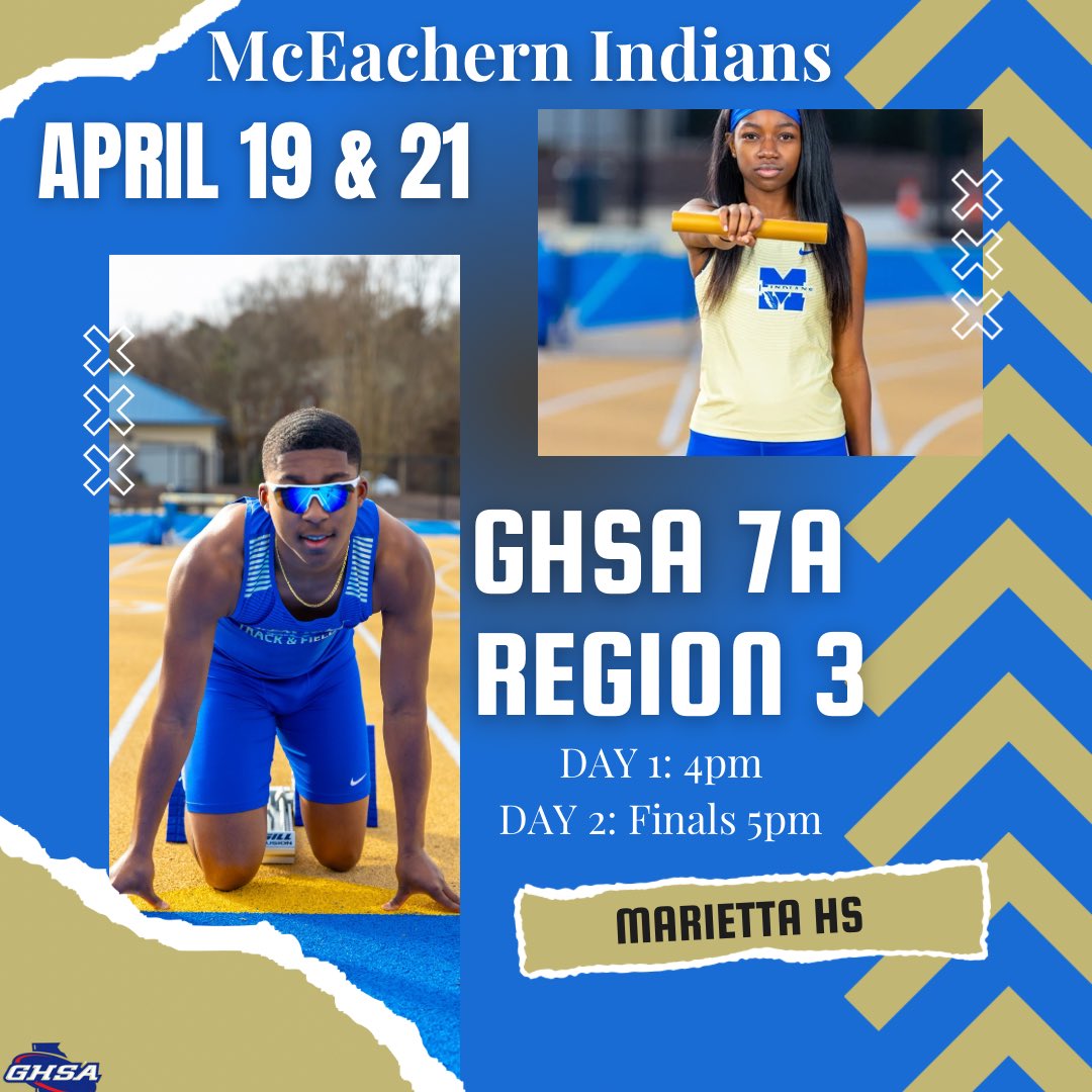 magnum00124's tweet photo. GHSA 7A Region 3 Track Meet
📍Marietta Track Complex
🏟️ Marietta High School
🗓 April 19 &amp; 21 2023
⏰ 4pm 

Let’s Go Indians💙💛 

#MHStrack #mceachern #indians #goldblood https://t.co/ltr4Zigd3M