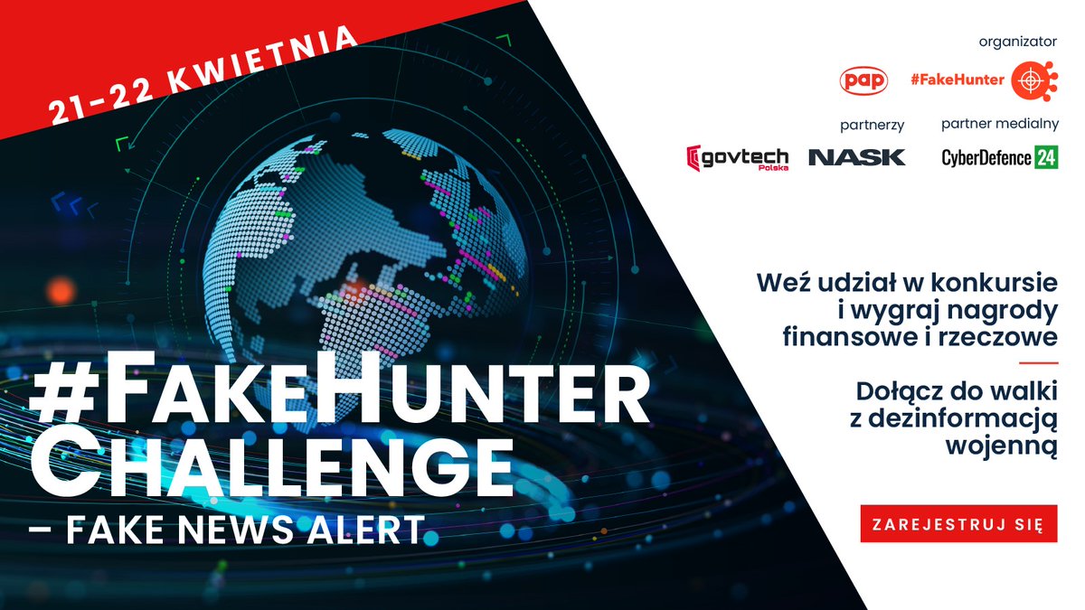 PAPMediaRoom's tweet image. Już jutro ruszamy z VII edycją konkursu #FakeHunter Challenge! Nie zdążyłeś się jeszcze zarejestrować? Zrób to teraz: bit.ly/3UNPjl6
Partnerami wydarzenia są: @GovTechPL @NASK_pl Patronat medialny @CyberDefence24 
#papmediaroom @PAPFakeHunter #PAP #FakeNews