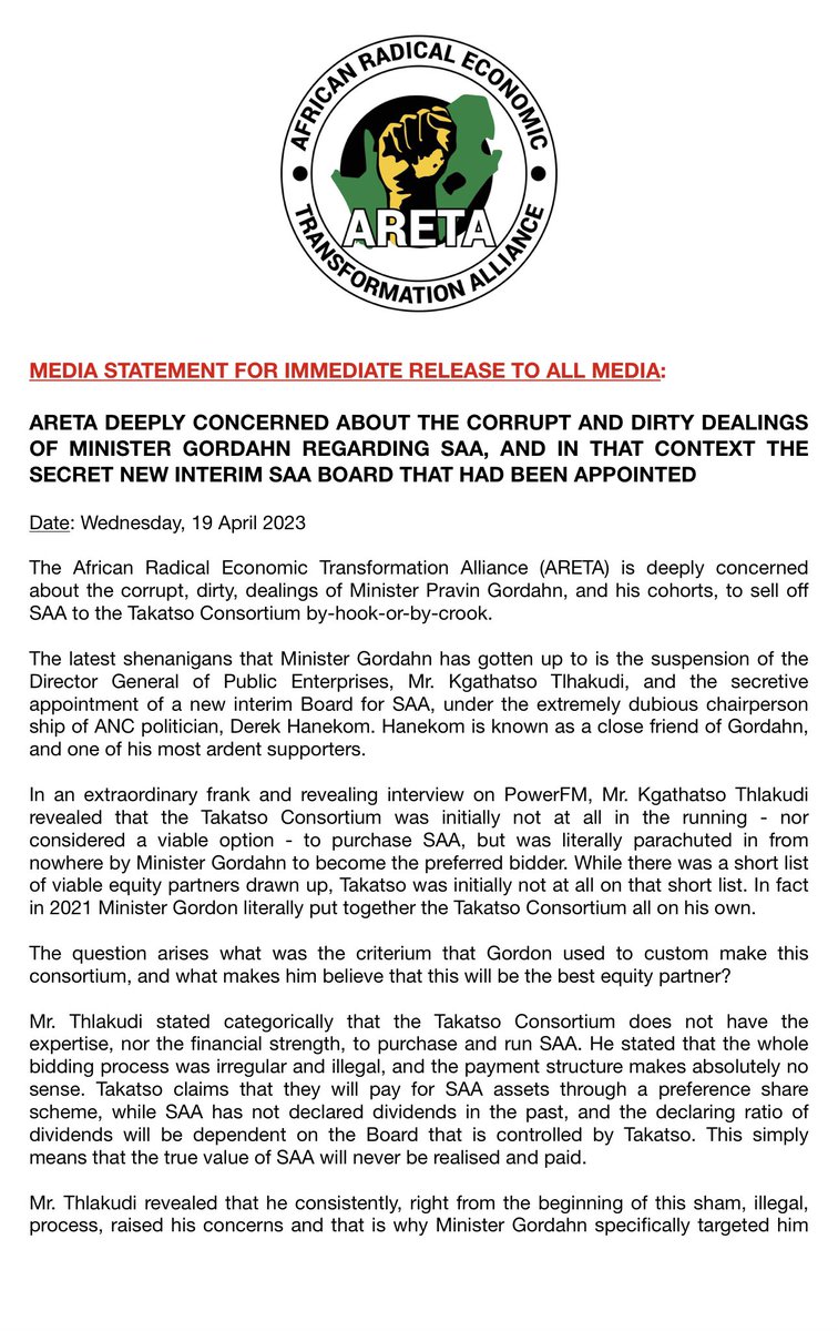 niehaus_carl's tweet photo. #ARETA deeply concerned about the corrupt and dirty dealings of Minister Gordahn regarding #SAA, and in that context the secret new interim #SAABoard that had been appointed.
Also join the #InMyCrosshairs Twitter Space tonight that deals with this issue: https://t.co/prC8bkrFMb https://t.co/fNF5dFWFQh