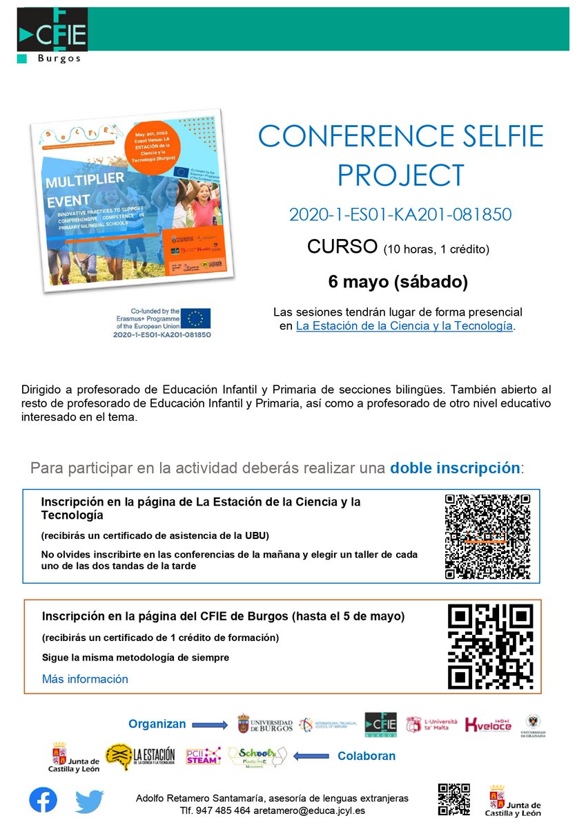 cfieburgos's tweet photo. 🧑‍🏫Curso "CONFERENCE SELFIE PROJECT" en colaboración con la @UBUEstudiantes 
🗺️La Estación de la Ciencia y la Tecnología
 📝Inscripciones hasta el 5 de mayo

ℹ️  Para más información: https://t.co/tgbRoCKAcE

 #innovaCyL #formaciónCyL #internacionalizaCyL #ErasmusPlus  #ticCyL https://t.co/JD7ERpS2V3