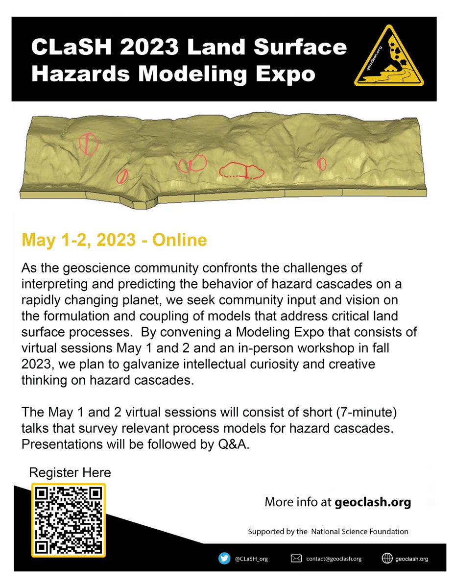 CLaSH’s 2023 Land Surface Hazards Modeling Expo is coming up on May 1-2. Join us in our two-part event consisting of virtual sessions with short talks and Q&amp;A’s, followed by an in-person workshop in the fall.

Find more info at geoclash.org/2023/03/23/may…