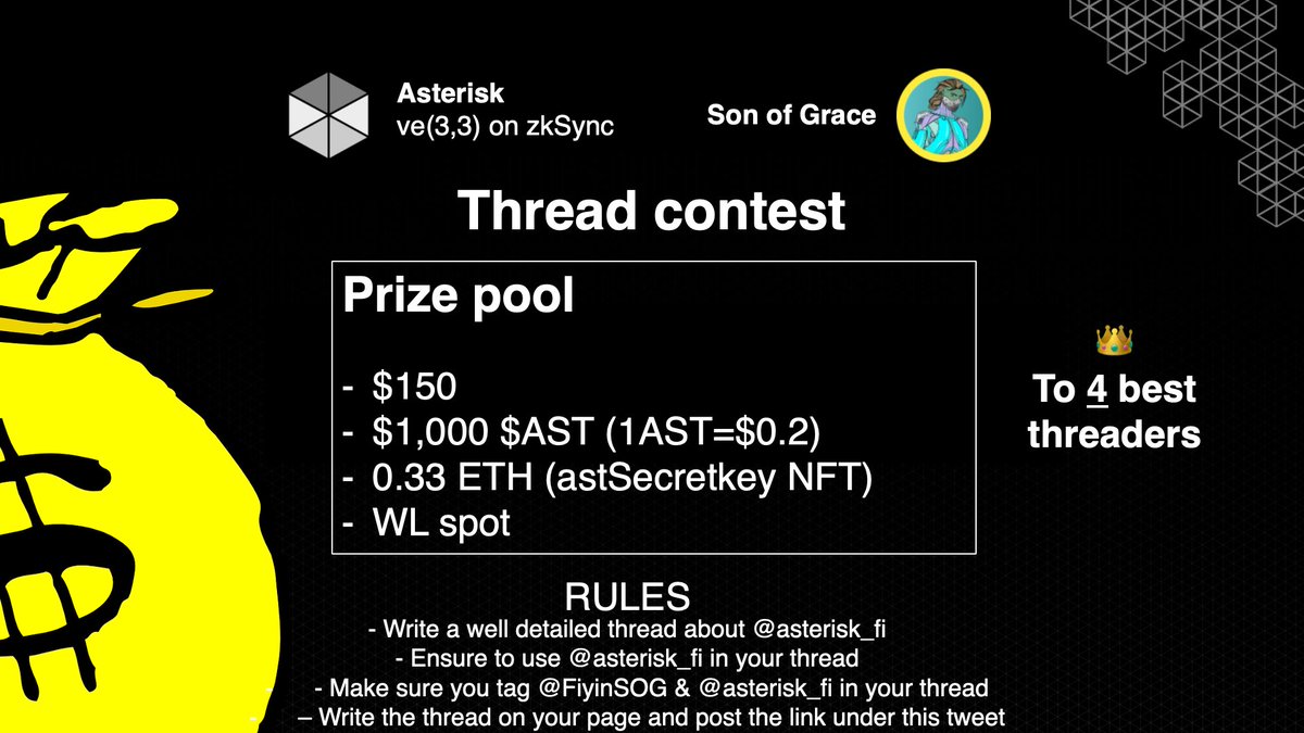 FiyinSOG's tweet photo. A WHOPPING $150 THREAD CONTEST.

Fully sponsored by @asterisk_fi

How to enter;
➟ Follow the instructions in the image below and state why you're bullish on @asterisk_fi
➟ Like and retweet this tweet
➟ Tag three Threaders you would like to win

⏲️ Winners in 72HRS. 
LFG 🚀 https://t.co/RB745eueuc