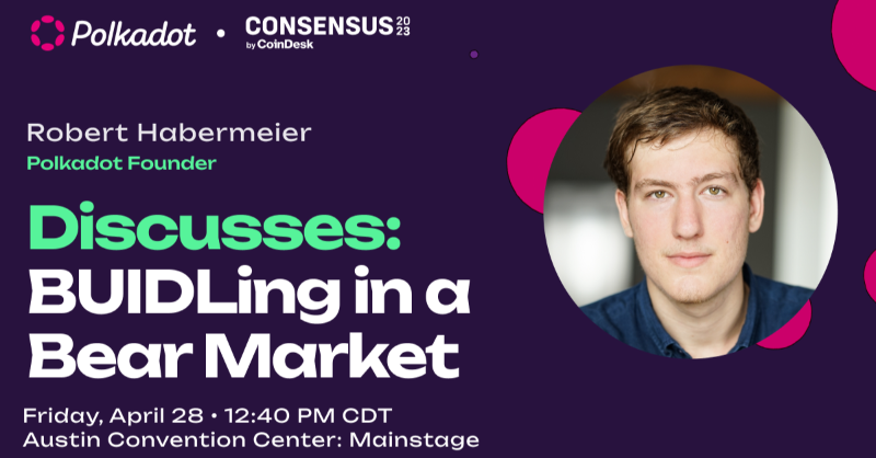 Polkadot's tweet photo. On April 28, Polkadot founder @rphmeier will get on the #Consensus2023 main stage for a panel discussion on the challenges of developing in a crypto winter &amp; scaling the technology to accommodate more users and transactions!

Find out more &amp; learn about Polkadot at Consensus 👇