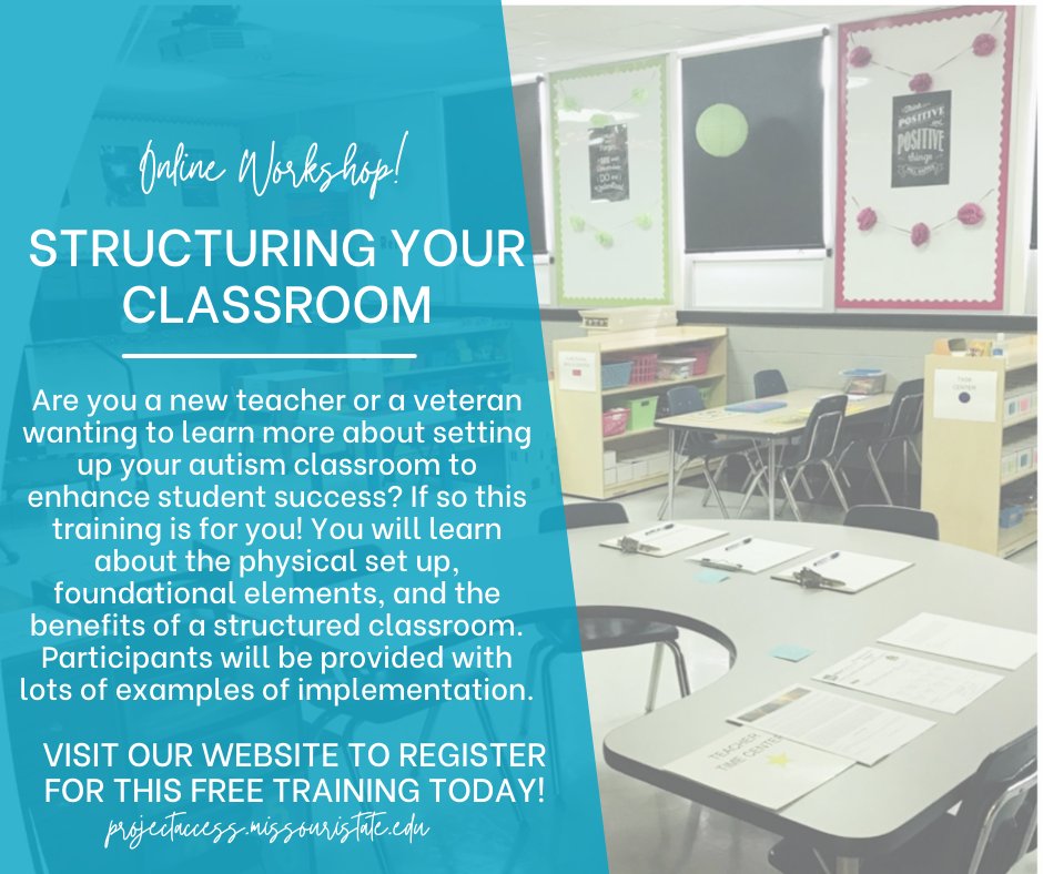 MOProjectAccess's tweet image. Feeling overwhelmed when trying to figure out how to set up your autism or functional skills classroom? Our Structuring your Classroom workshop is a great to learn how to set up visual supports for our learners. 

Sign up for our online workshops here: conta.cc/3vUe2IP