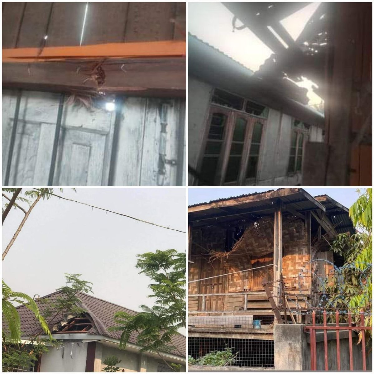 BunnyAliceei's tweet photo. Some five houses were damaged and a civilian was injured due to the reckless artillery shelling of military council troops during the clash in Tahan ward of Sagaing Region's Kalay township on April 18. #WarCrimesOfJunta #2023Apr19Coup #WhatsHappeningInMyanmar https://t.co/5mVvBmyoIK