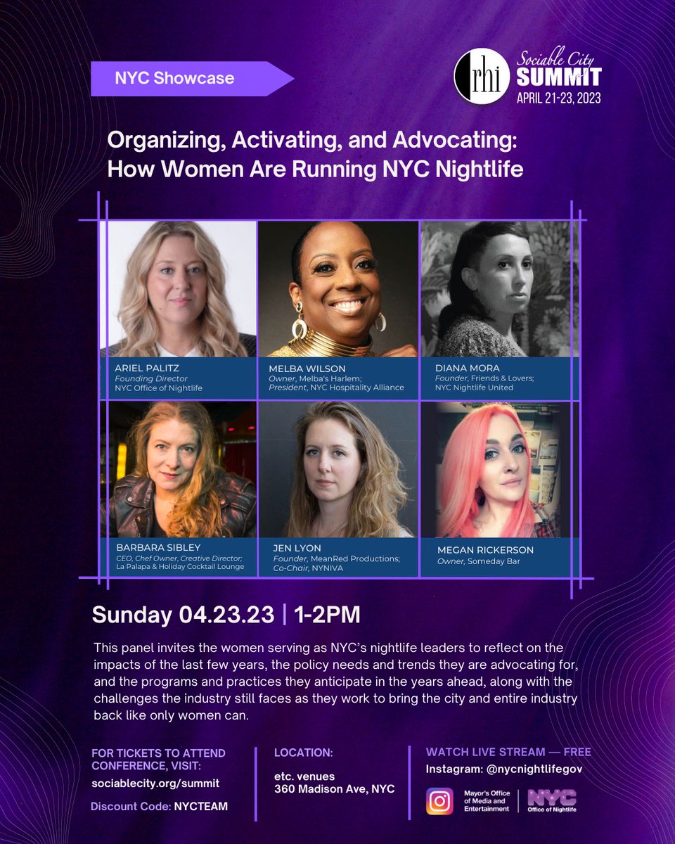Hear from the women serving as NYC’s nightlife leaders reflect on the impacts of covid, policies &amp; the programs needed and ongoing challenges as they work to bring the industry back like only women can.

Sun. 4/23, 1-2pm <a href="/sociablecity/">Responsible Hospitality Institute</a>
sociablecity.org/summit
Code: NYCTEAM