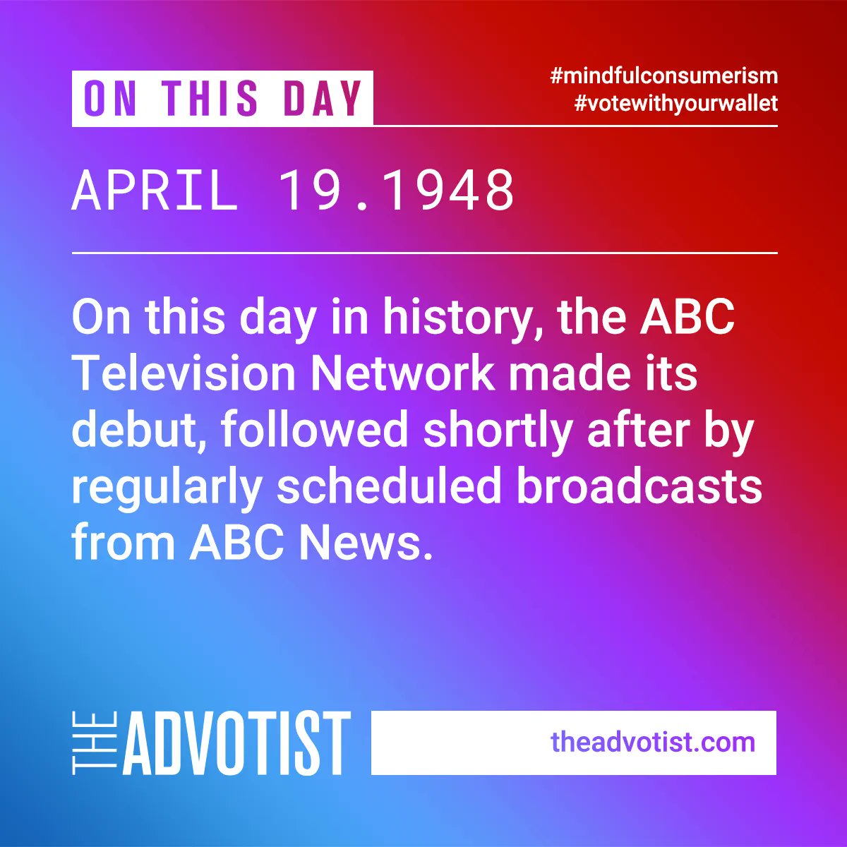 theadvotist's tweet photo. #onthisday in 1948 ABC Television Network made its debut, bringing news and entertainment to homes across America. ABC News followed, providing vital information on national and international events. Visit https://t.co/7iE45k5TUV for more. #ABCtelevision #ABCNews #newsm… https://t.co/v4xKBMevtP