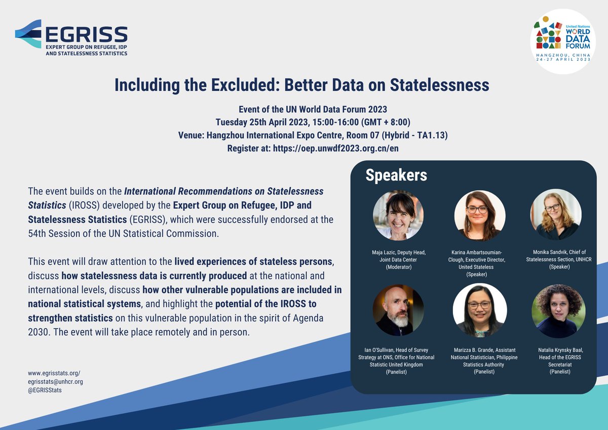 EGRISStats's tweet photo. Interested in learning more about #statelessness &amp; how #data on stateless persons can inform sustainable policies? Join @EGRISStats hybrid event (TA1.13) at the #UNDataForum. @PSAgovph @jointdatacenter @UnitedStateless @ONS @unhcrdata 

Registration: https://t.co/sl11qEthN0 https://t.co/SirtQkJawp