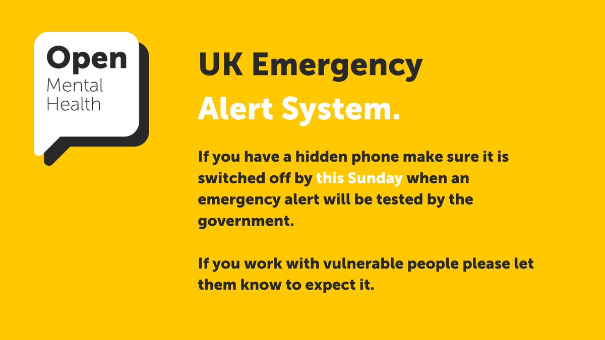 If you have a hidden phone make sure it is switched off by this Sunday when an emergency alert will be tested by the government.

If you work with vulnerable people please let them know to expect it.

Learn more👉buff.ly/40gNYnX

#somerset #mentalhealth #EmergencyAlerts