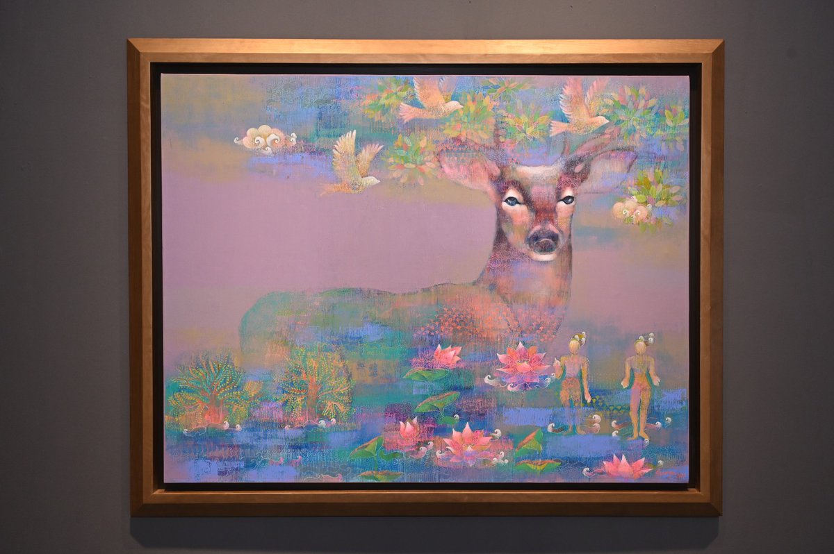 HyperglotLitmag's tweet photo. The Art of India 2023 exhibition was curated by Dr. Tarana Khubchandani, &amp; mentored by @brindamiller
A myriad of colours merge and disperse to form layers on @shampaSircar 's canvases, giving birth to sublime, semi-figurative artworks. 
#IndianArtists #hyperglot #bikanerhouse https://t.co/43pNfypNuW
