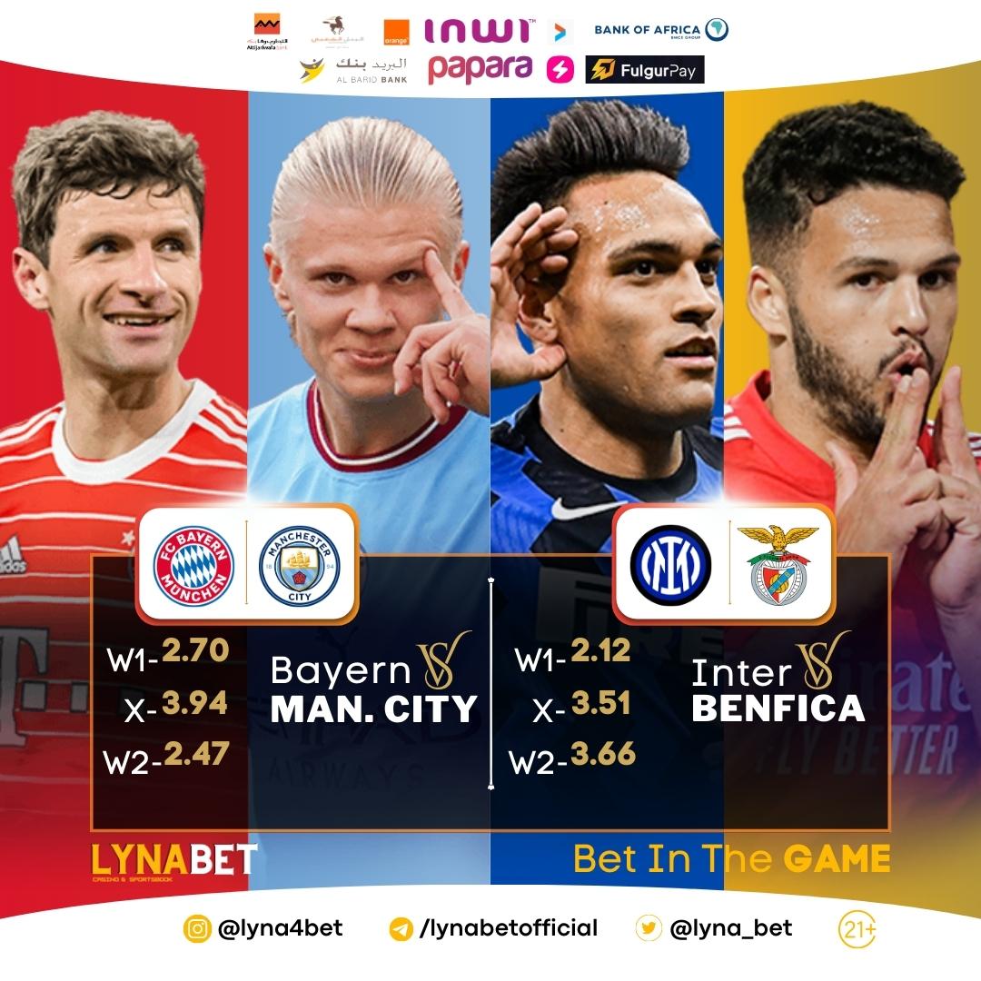 Exciting matches tonight in the Champions League! Who do you think will come out on top? #BayernVsManCity #InterVsBenfica #ChampionsLeague #LYNABET #FootballBetting #WinBig #UEFA #Football #SportsBetting #BetOnFootball 
place your bets now! Lynabet.com