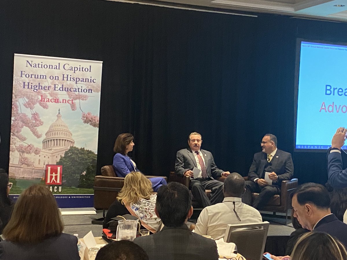 TxStateResearch's tweet photo. Inspiring fireside chat with the Secretaries of Education and Commerce, Miguel Cardona and Gina Raimondo! #HACU2023, #FundHSIs, @HACUNews https://t.co/o3s6DW3aVo