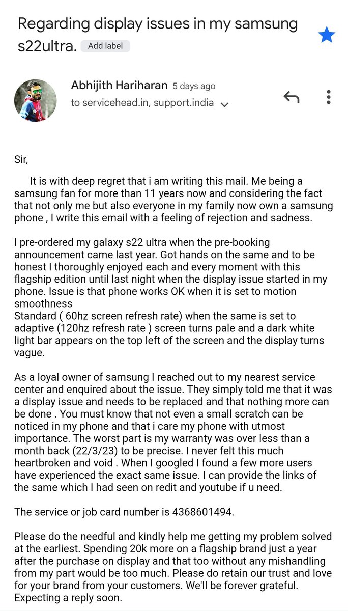 Abhijithph's tweet photo. @SamsungIndia The worst experience... Not only for me but this issue just started for many and they want us to replace the display just 15 days after the warranty period got over. Spending 22k further on the display is insane that too without any mishandling or damage from our side.. https://t.co/ZLj3jGwfGI
