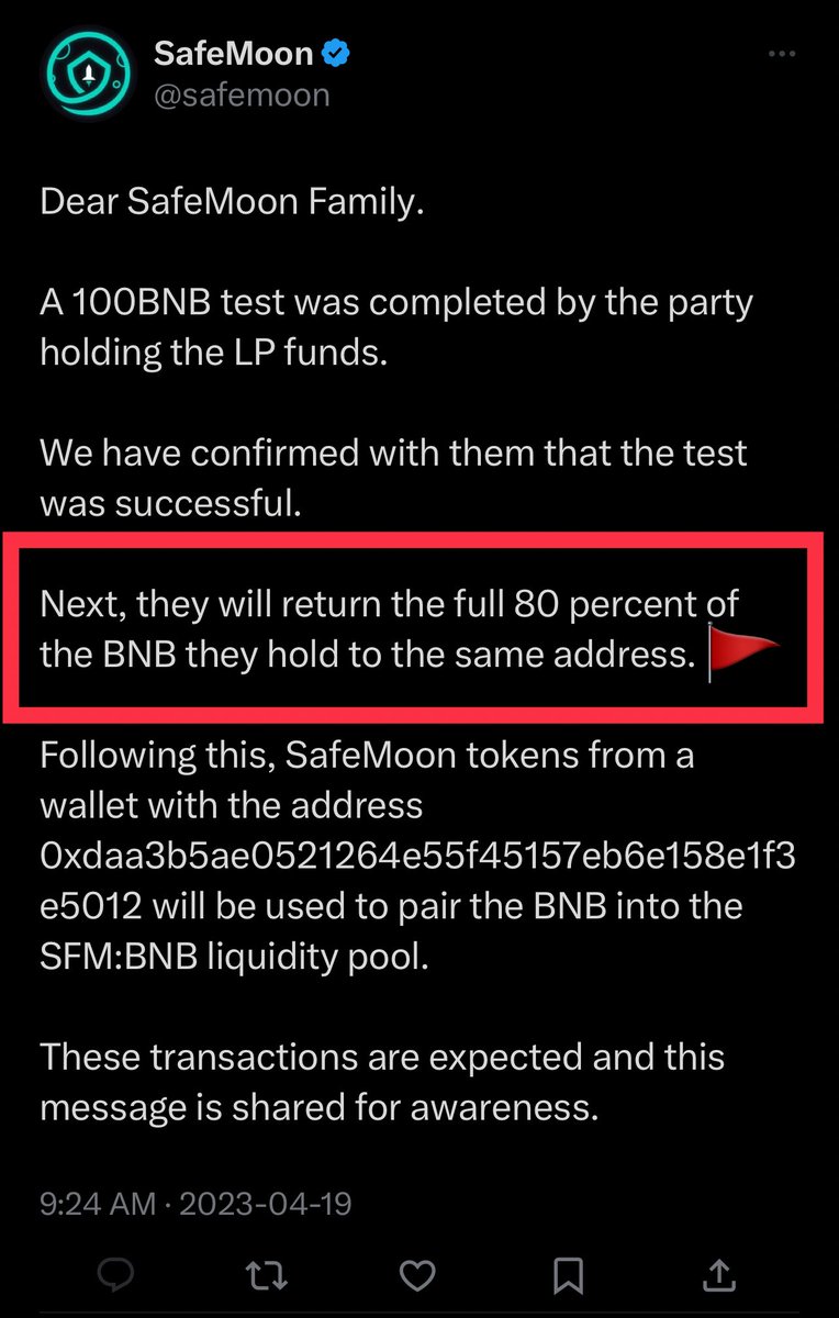 Safemoon_Ninja's tweet photo. Oh wow look guys @safemoon the saviour says “Next, theyll return the full 80 percent of the BNB they hold to the same address” lmao 🤣 pure BS. The wordings is like 80% the entire thing. @johnkarony keep wining everytime. The 20% for sure he has control over it. So the big question is @johnkarony when will we see the additional 20% since it’s #INSURED am I right?

The #FuckTurds #Maxis celebrating this as an achievement of losing 20% to John KROONY. In truth you can’t fix stupid. 20% won’t fix it there will be more to this debacles soon. There’s prone to more hacks since John pulled this one off. SECURITY company needs its securities secure lmao 🤣