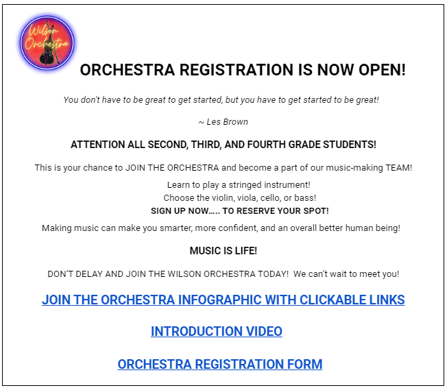 WilsonCTPTO's tweet photo. '23-'24 Orchestra Registration for all 2nd, 3rd, and 4th grade Wilson elementary students is now open. Visit your school or district page for links to register and with more information. #wilsonsd #wilsonct #GV_Wilson #ShilohHills https://t.co/XjjlrpRfoR