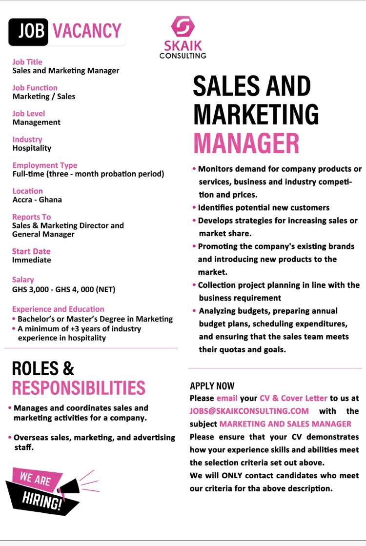 skaikgroup's tweet photo. Job Vacancy !!

Our client who is into the hospitality business and located at Airport is seeking sales and marketing managers for his hotels.

Kindly send your cv’s to jobs@skaikconsulting.com if interested.

 #skaikconsulting
 #hospitalityindustry 
 #marketingandsales https://t.co/LRNM2ZoM4c