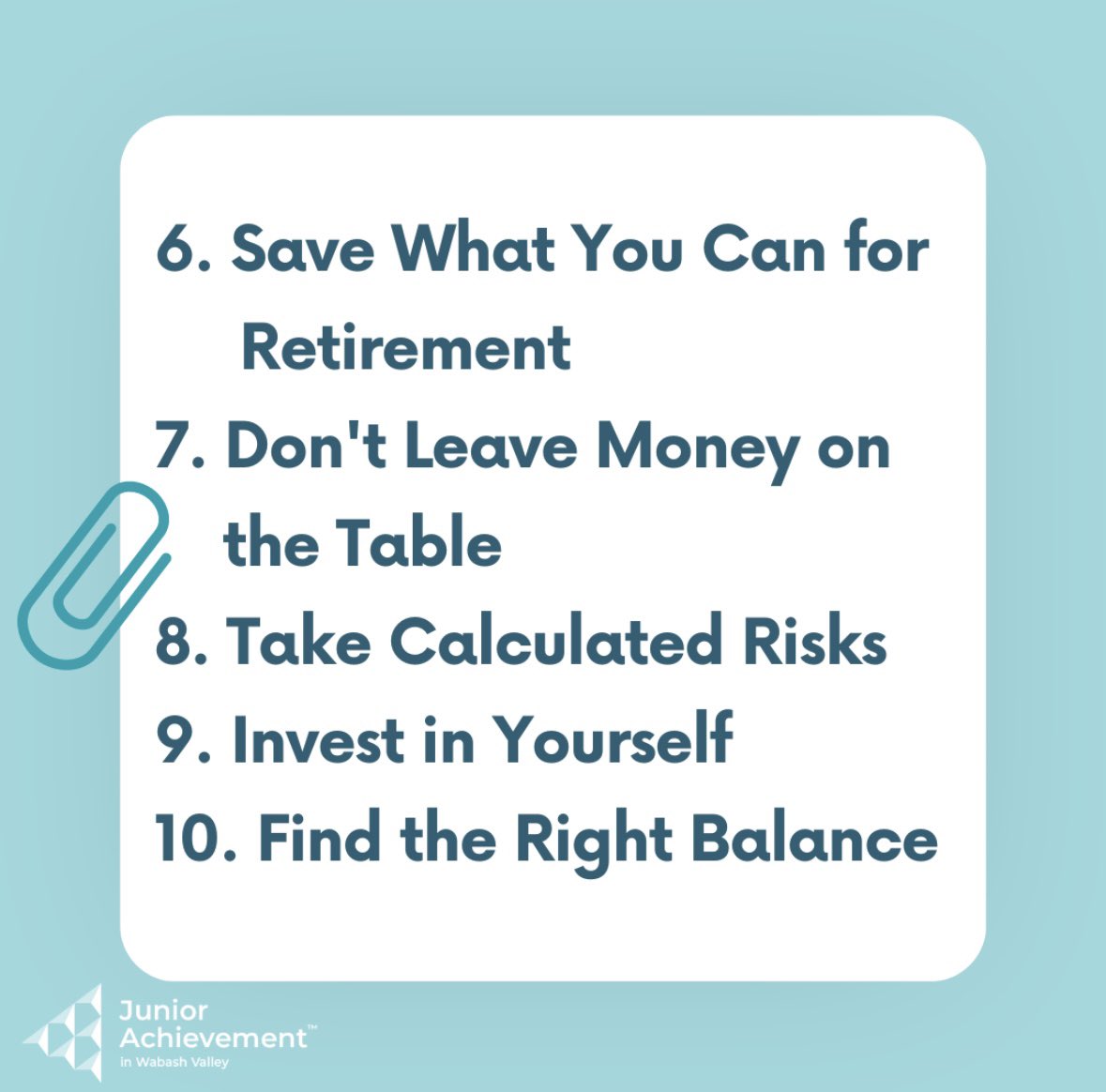JAWabashValley's tweet photo. Talking about financial security with students can seem overwhelming to them or something that they won't have to worry about until they are older, but here are 10 steps to become financially secure before your 30. https://t.co/ZQaPklHTgO #FinancialLiteracyMonth https://t.co/UaGwZstufu