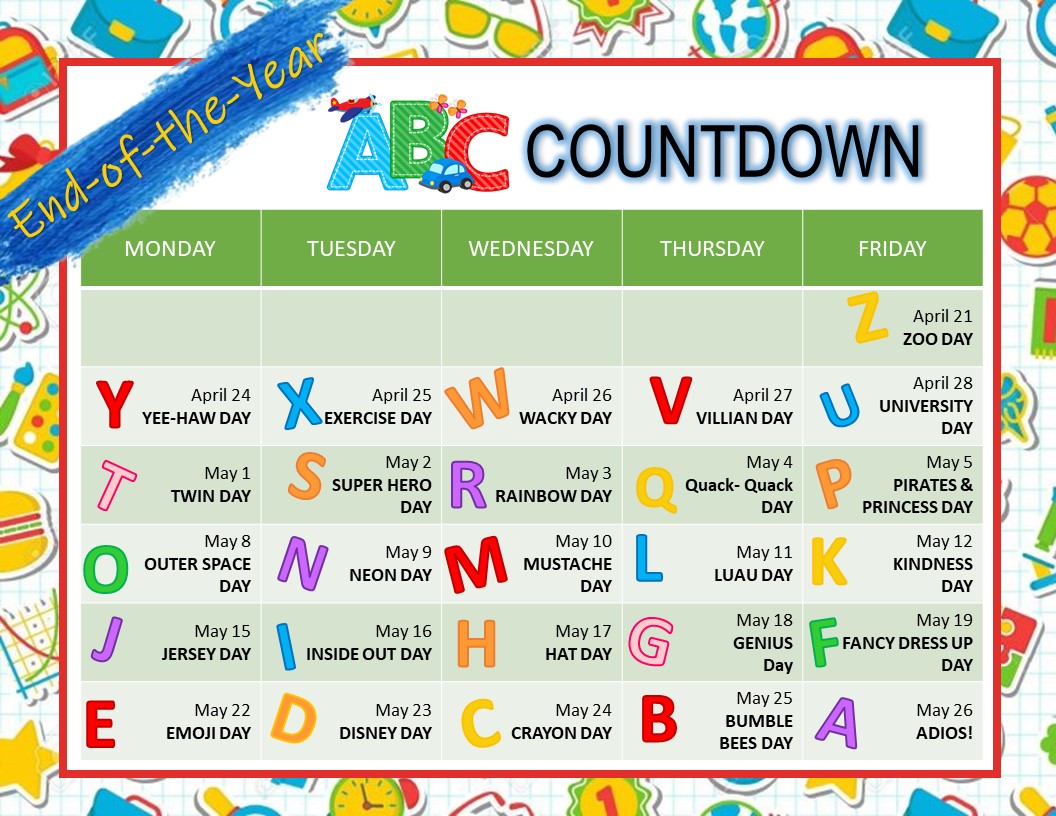 Metrowest_Ocps's tweet photo. Let the End of the Year Countdown Begin!!! Have fun dressing up and celebrating each day!

#endoftheyear #letscelebrate #OrcaNation #metrowestelementary https://t.co/H6FqQKXHEE