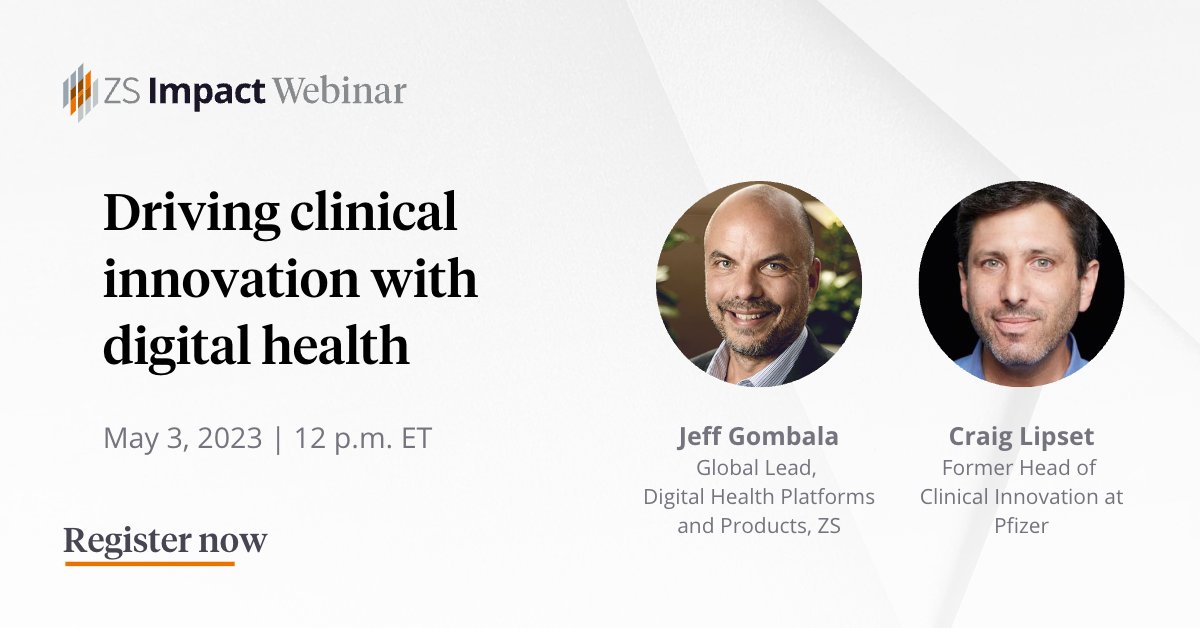 D_Peaceman's tweet photo. On May 3rd, join @CraigLipset, Co-Chair, DTRA, and @JeffGombala, global lead, #digitalhealth  platforms at @ZSAssociates, for a discussion on overcoming obstacles to adopting novel #digital endpoints in #clinicaltrials. Register now: https://t.co/SngRSgCE32 https://t.co/uS5aWaQ7B5