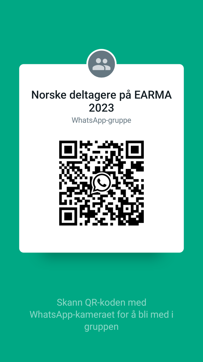 Da er det opprettet en felles gruppe for alle norske deltagere som skal på EARMA i Praha neste uke, slik at man kan holde kontakt under konferansen. Meld deg inn ved å scanne QR-koden under eller trykke på linken: chat.whatsapp.com/FFPi4ZozyfY8JN…