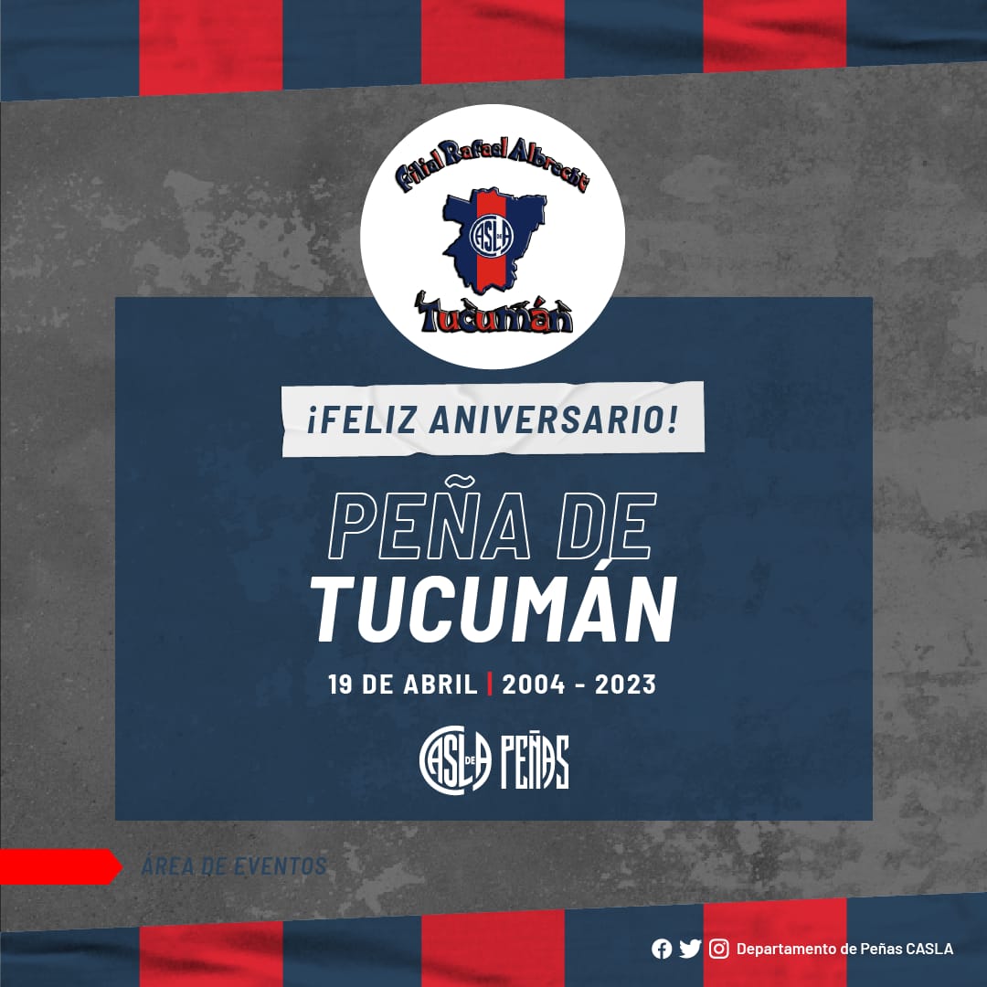 P_SJyBoedo's tweet photo. FELICITACIONES a la Filial amiga @CASLATucuman por su décimo noveno aniversario trabajando por y para @SanLorenzo desde Tucumán. Saludos desde #SanJuan ¡FELICIDADES! 
🥳💙❤🎊💙❤️🥁
 #SLFederal🇦🇷 #MásQue90Minutos #SanLorenzo @lean_olarte https://t.co/UuQbl4NL8U