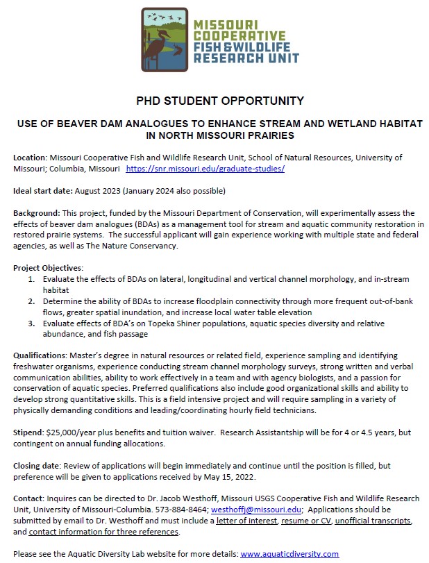JacobWesthoff's tweet photo. Exciting project where you could earn your PhD while working with  #streamrestoration, #Beavers, and fish communities in a unique system.  @AmFisheriesSoc https://t.co/zWtB71vOLj