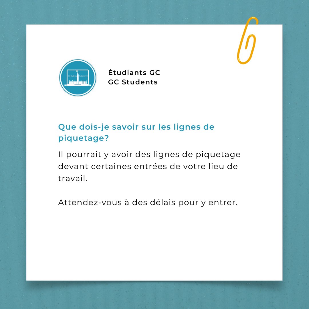 gcs_egc's tweet photo. (Post also available in English)

Étudiants et étudiantes, nous savons que vous avez des questions concernant les activités de grève se déroullant actuellement. Glissez vers la gauche pour quelques réponses. Parlez avec votre gestionnaire pour plus d'information. https://t.co/LTBwzPgGMB