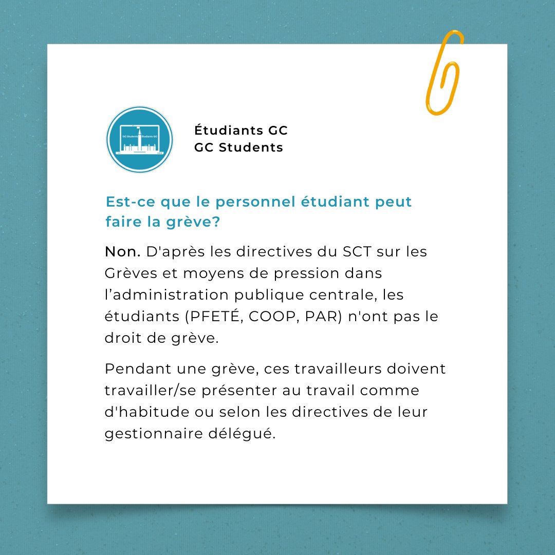 gcs_egc's tweet photo. (Post also available in English)

Étudiants et étudiantes, nous savons que vous avez des questions concernant les activités de grève se déroullant actuellement. Glissez vers la gauche pour quelques réponses. Parlez avec votre gestionnaire pour plus d'information. https://t.co/LTBwzPgGMB