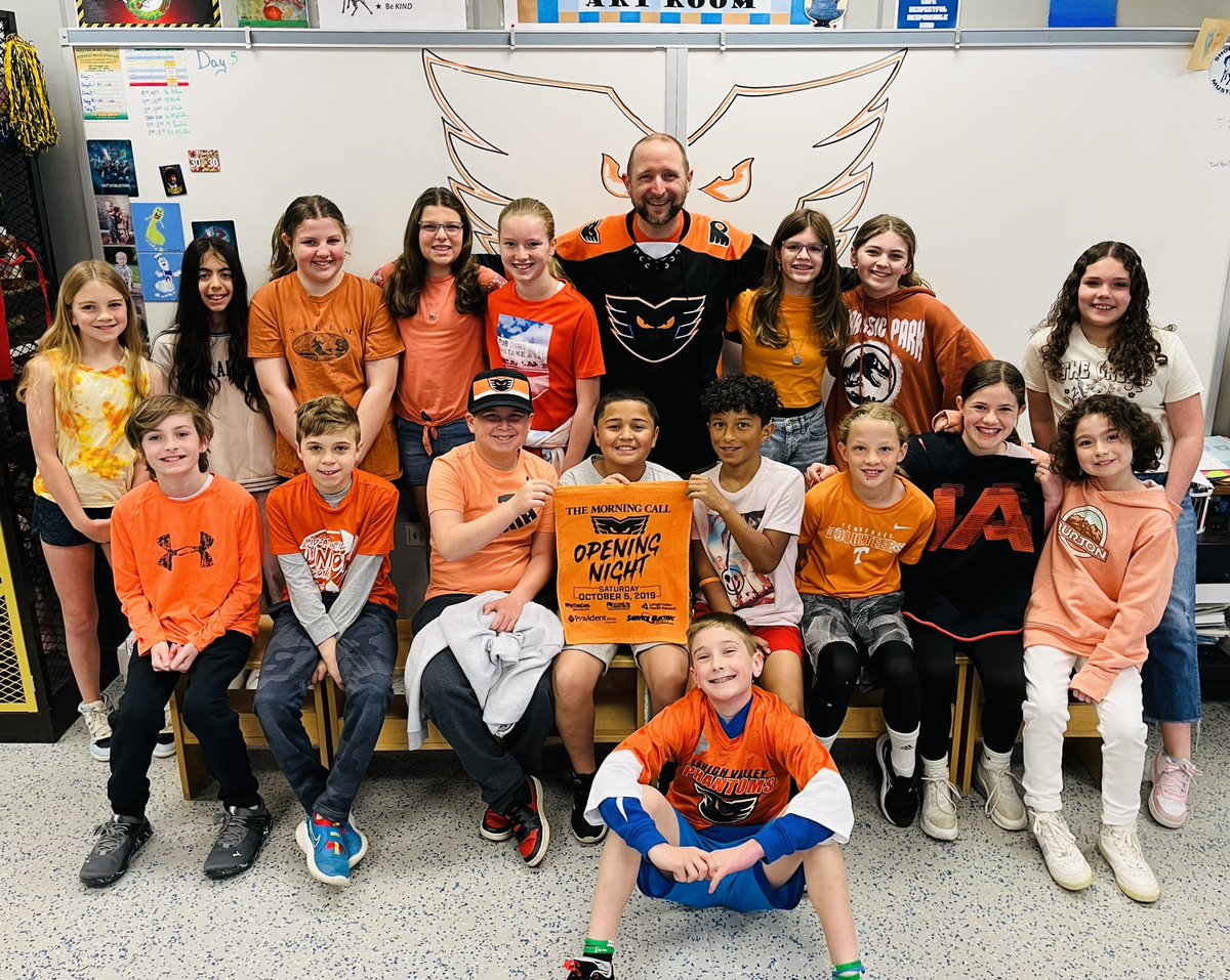 JeffreyShreck's tweet photo. GO @LVPhantoms! The @EPSDShoemaker 5th grade Art Club under the direction of Mr. Jeff Shreck are PUMPED UP that the Phantoms are in the Playoffs for the Calder Cup!
To support our team we are rocking orange for #OrangeWednesday & #RallyThe #Valley!!! @FUNWITHmeLVin #ProvidentBank https://t.co/jH0xryhoeo