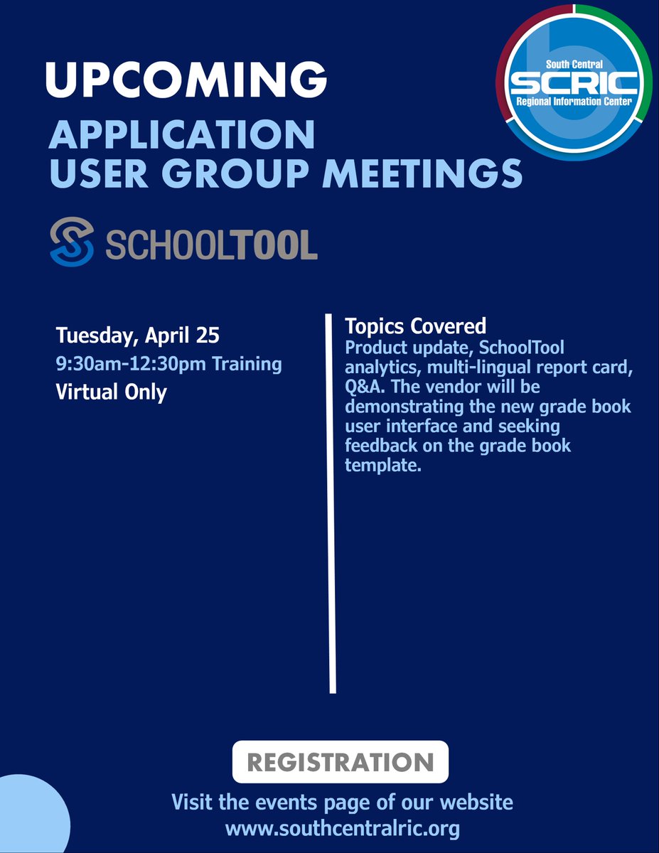 SouthCentralRIC's tweet image. We love to support our districts and help them thrive! Check out our upcoming user group meetings for nVision and WinCap #financialsystems and SchoolTool #studentmanagementsystem. #southcentralRIC #schoolsupport #collaboartion #k12 #edtech #learning