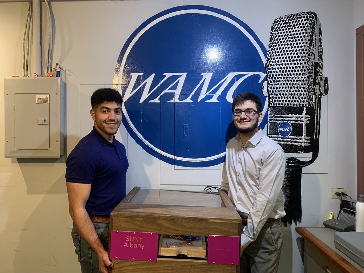 Willard_WAMC's tweet photo. UAlbany engineering students brought by their automated paper ream opener to the @WAMCRadio studios today for a segment on @TBOOKnowledge — they’ll be competing in the CREATE Conference on Monday in Albany @UAlbanyCEAS https://t.co/dcrHHgAmym