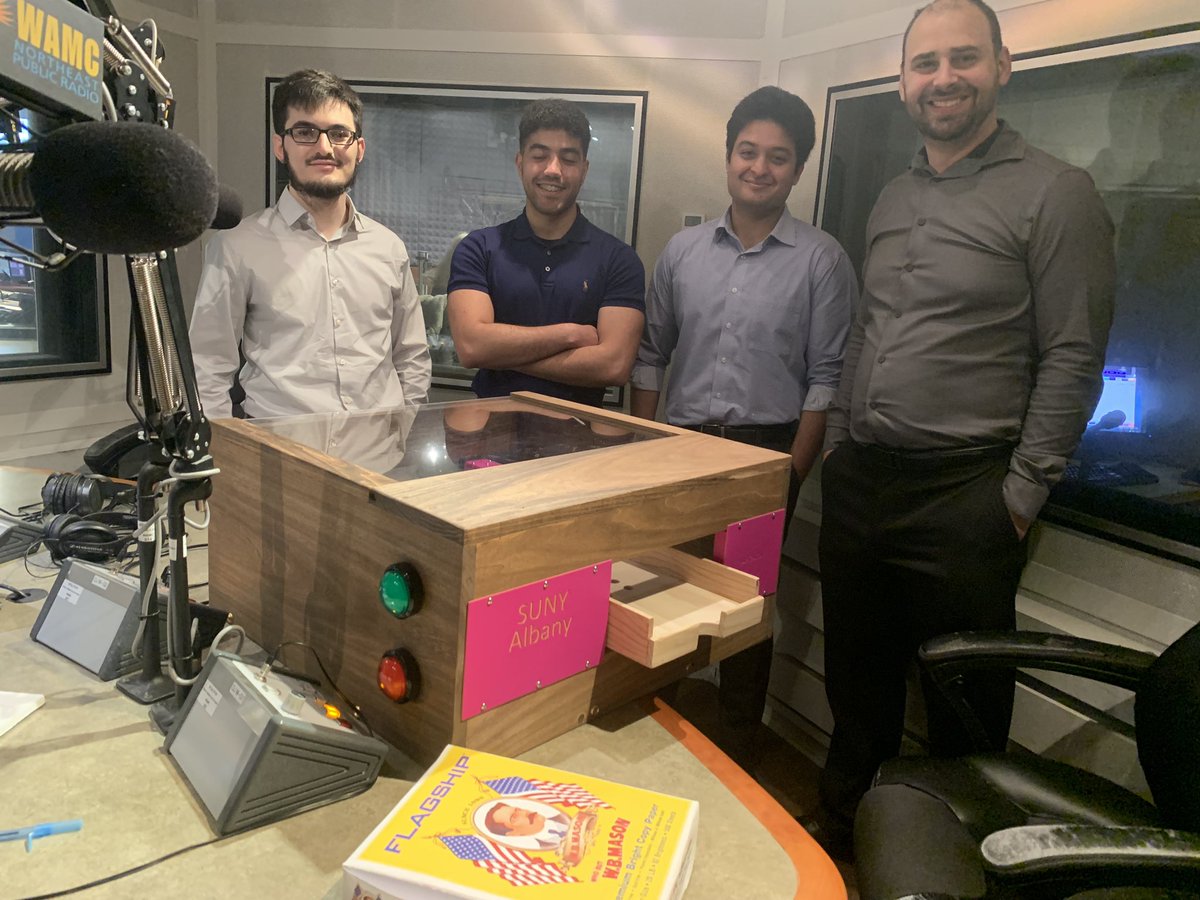 Willard_WAMC's tweet photo. UAlbany engineering students brought by their automated paper ream opener to the @WAMCRadio studios today for a segment on @TBOOKnowledge — they’ll be competing in the CREATE Conference on Monday in Albany @UAlbanyCEAS https://t.co/dcrHHgAmym